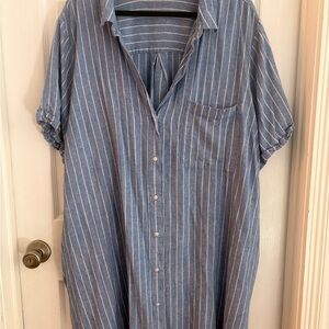 Blue Striped Short-Sleeve Linen Dress